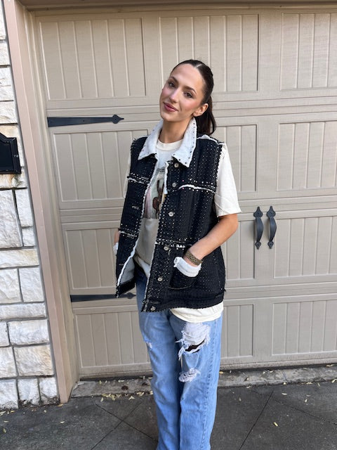 Favorite's - Black demin lined Vest with Pearls