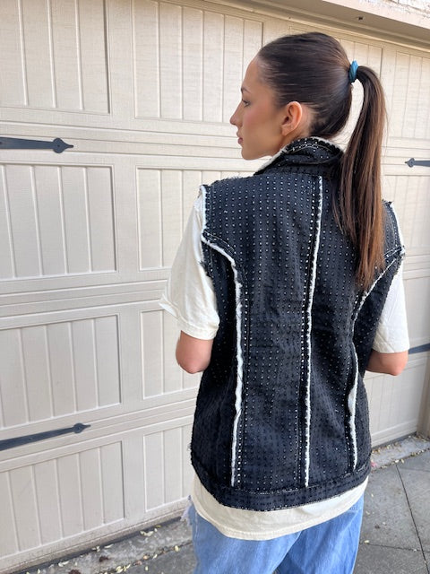 Favorite's - Black demin lined Vest with Pearls