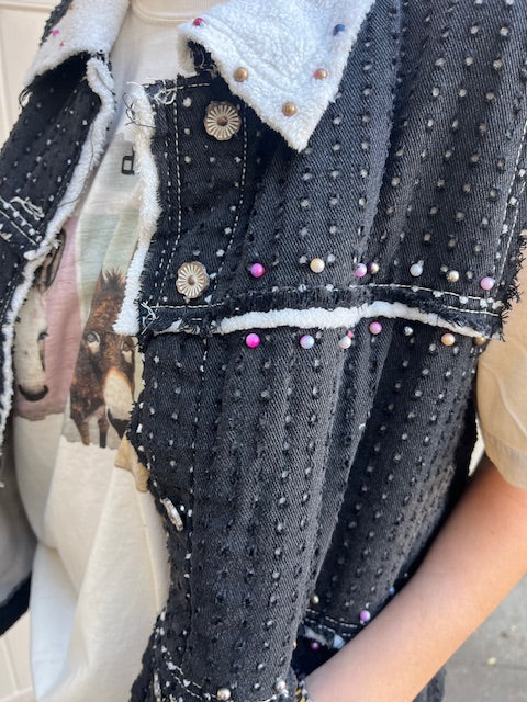 Favorite's - Black demin lined Vest with Pearls