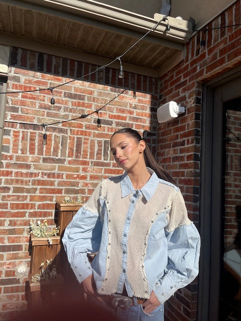 Favorite's - Blue mesh Star detail Button Up