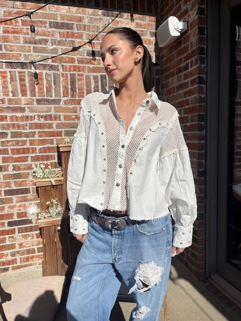 Favorite's - White mesh Star detail Button Up